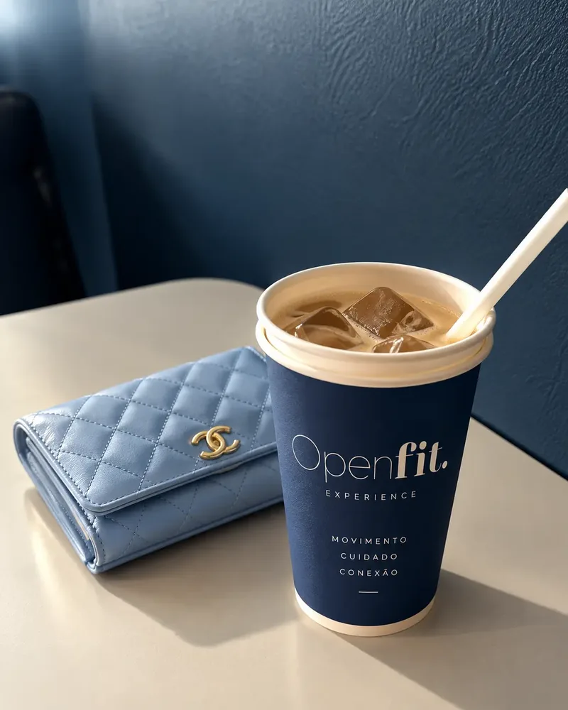 Copo OpenFit Experience com café gelado e bolsa azul-claro